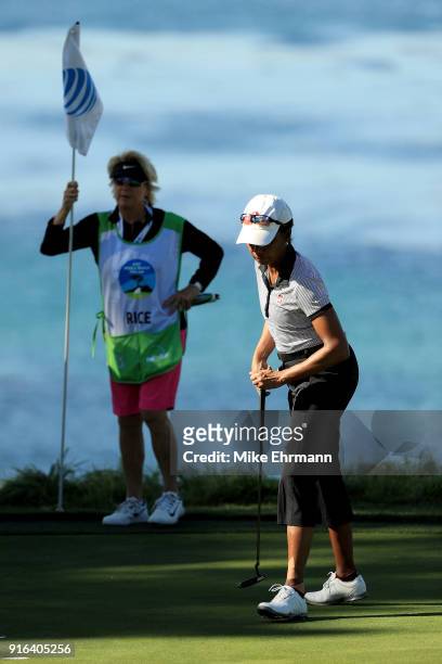 Condoleezza Rice reacts on the fifth green during Round Two of the AT&T Pebble Beach Pro-Am at Pebble Beach Golf Links on February 9, 2018 in Pebble...