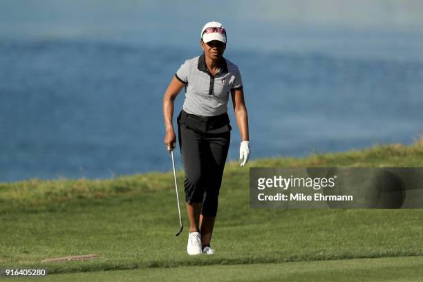 Condoleezza Rice walks across the fifth hole during Round Two of the AT&T Pebble Beach Pro-Am at Pebble Beach Golf Links on February 9, 2018 in...