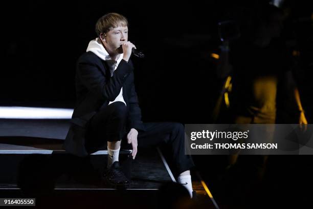 French songwriter and singer Eddy de Pretto performs on stage during the 33rd Victoires de la Musique, the annual French music awards ceremony, on...