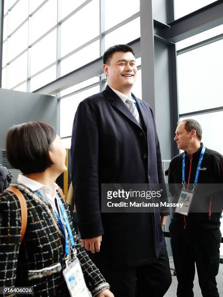 Legend and Olympian Yao Ming arrives at the opening of the Alibaba Showcase at the PyeongChang 2018 Winter Olympic Games on February 10, 2018 in...