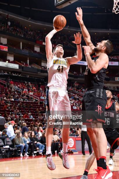 Juan Hernangomez of the Denver Nuggets shoots the ball during the game against the Houston Rocketson February 9, 2018 at the Toyota Center in...