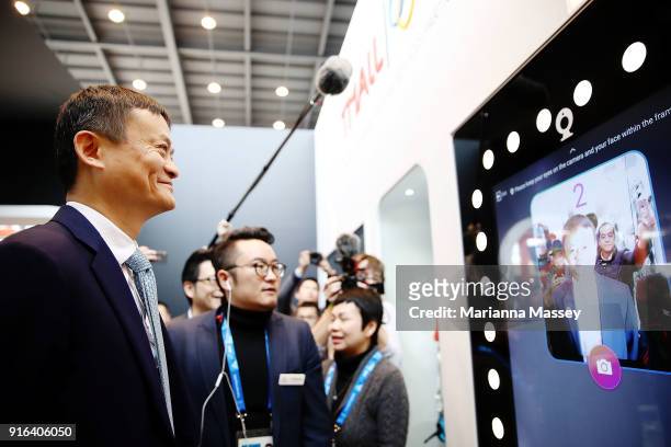 Alibaba Group Executive Chairman Jack Ma tours the Alibaba Showcase at the PyeongChang 2018 Winter Olympic Games on February 10, 2018 in Gangneung,...