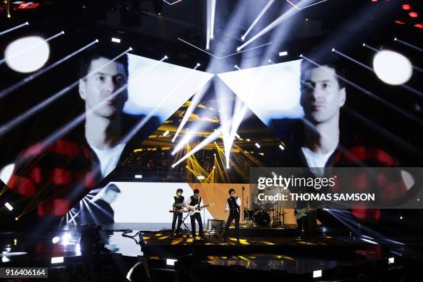 French rock band BB Brunes performs om stage during the 33rd Victoires de la Musique, the annual French music awards ceremony, on February 9, 2018 at...