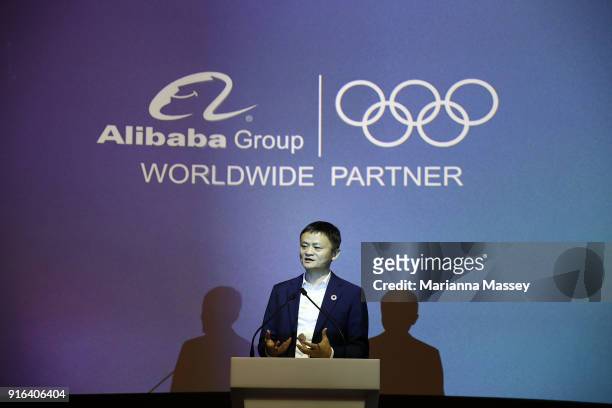 Alibaba Group Executive Chairman Jack Ma speaks at the unveiling of the Alibaba Showcase at the PyeongChang 2018 Winter Olympic Games on February 10,...