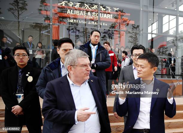 President Thomas Bach and Alibaba Group Executive Chairman Jack Ma tour the Alibaba Showcase at the PyeongChang 2018 Winter Olympic Games on February...