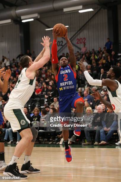 Kay Felder of the Grand Rapids Drive shoots the ball during the game against the Wisconsin Herd on February 9, 2018 at the Menominee Nation Arena in...