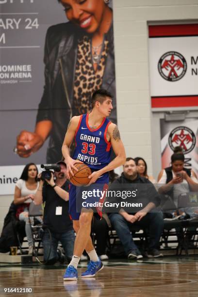 Derek Willis of the Grand Rapids Drive handles the ball during the game against the Wisconsin Herd on February 9, 2018 at the Menominee Nation Arena...