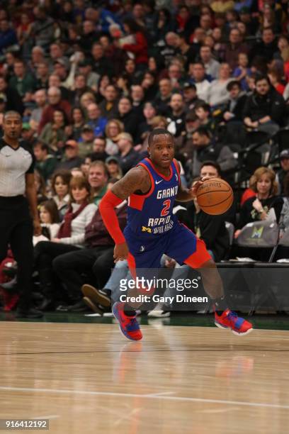 Kay Felder of the Grand Rapids Drive handles the ball during the game against the Wisconsin Herd on February 9, 2018 at the Menominee Nation Arena in...