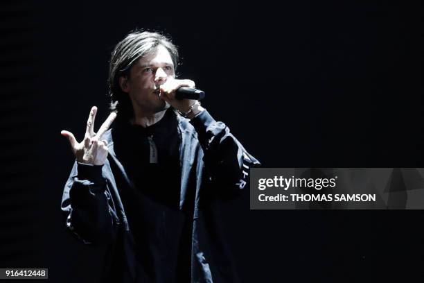 French rapper Aurelien Cotentin aka Orelsan performs during the 33rd Victoires de la Musique, the annual French music awards ceremony, on February 9,...