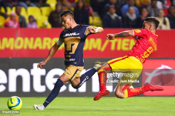 Pablo Barrera of Pumas and Sebastian Vegas of Morelia fight for the ball during the 6th round match between Monarcas and Pumas UNAM as part of the...