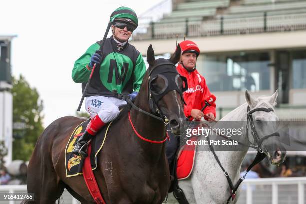 Super Cash ridden by Craig Williams returns to the mounting yard after winning the Schweppes Rubiton Stakes at Caulfield Racecourse on February 10,...