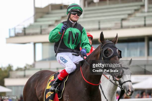 Super Cash ridden by Craig Williams returns to the mounting yard after winning the Schweppes Rubiton Stakes at Caulfield Racecourse on February 10,...