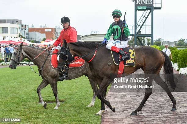 Craig Williams returns to the mounting yard aboard Super Cash after winning the Schweppes Rubiton Stakes at Caulfield Racecourse on February 10, 2018...