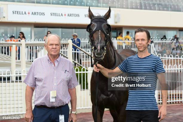 Owner Peter Robinson with Super Cash after winning the Schweppes Rubiton Stakes at Caulfield Racecourse on February 10, 2018 in Caulfield, Australia.