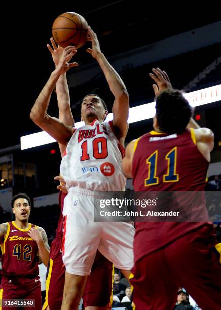 Tyler Harris of the Windy City Bulls shoots a jump shot against the Canton Charge on February 09, 2018 at the Sears Centre Arena in Hoffman Estates,...