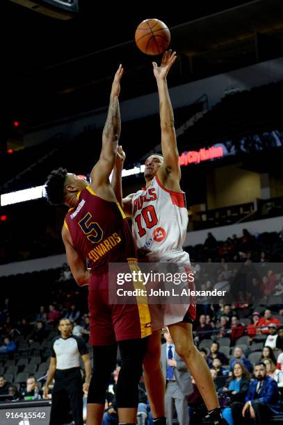 Tyler Harris of the Windy City Bulls shoots a one handed lay against the Canton Charge on February 09, 2018 at the Sears Centre Arena in Hoffman...