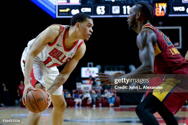 Tyler Harris of the Windy City Bulls handle the ball against the Canton Charge on February 09, 2018 at the Sears Centre Arena in Hoffman Estates,...