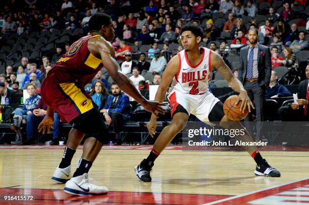 Cameron Payne of the Windy City Bulls handle the ball against the Canton Charge on February 09, 2018 at the Sears Centre Arena in Hoffman Estates,...