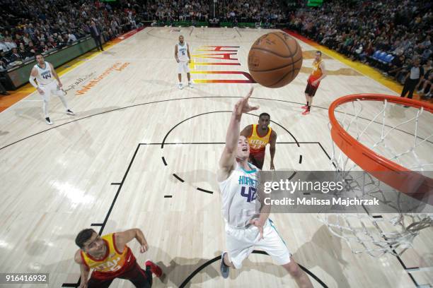 Cody Zeller of the Charlotte Hornets shoots the ball against the Utah Jazz on February 9, 2018 at Vivint Smart Home Arena in Salt Lake City, Utah....