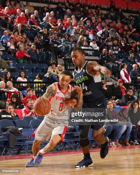 Hidalgo, TX Kyle Davis of the Rio Grande Valley Vipers works around Elijah Millsap of the Iowa Wolves during an NBA G-League game on February 9, 2018...