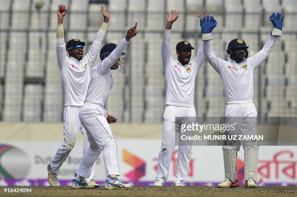 Sri Lanka wicketkeeper Niroshan Dickwella , Dimuth Karunaratne , Kusal Mendis and Dhananjaya de Silva unsuccessfully appeal for a leg before wicket...
