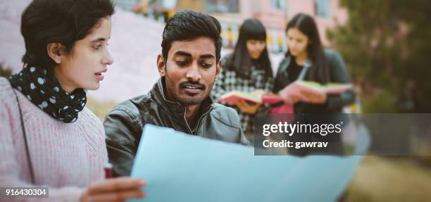 studenti universitari multietnici che discutono insieme del progetto. - indian subcontinent foto e immagini stock