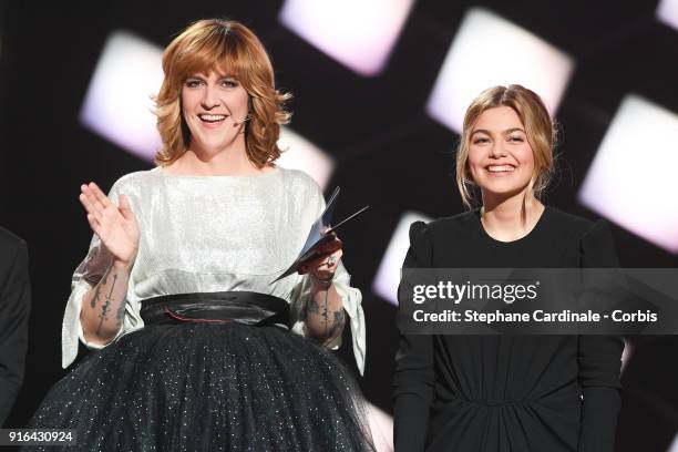 Daphne Burki and Singer Louane Emera attend the 33rd "Les Victoires De La Musique" at La Seine Musicale on February 9, 2018 in Boulogne-Billancourt,...