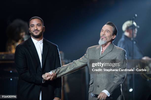 Singer Slimane Nebchi and Florent Pagny perform during the 33rd "Les Victoires De La Musique" at La Seine Musicale on February 9, 2018 in...