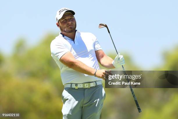 Zander Lombard of South Africa plays his 3rd shot on the 4th hole during day three of the World Super 6 at Lake Karrinyup Country Club on February...