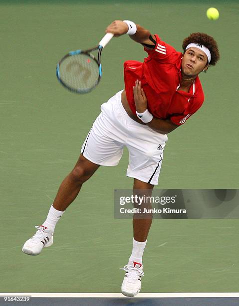 Jo-Wilfried Tsonga of France serves in his match against Ernests Gulbis of Latvia during day five of the Rakuten Open Tennis tournament at Ariake...