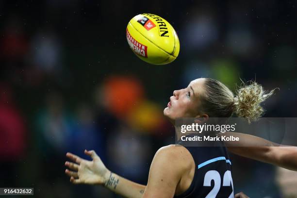 Tayla Harris of the Blues watches the ball during the round 20 AFLW match between the Greater Western Sydney Giants and the Carlton Blues at...