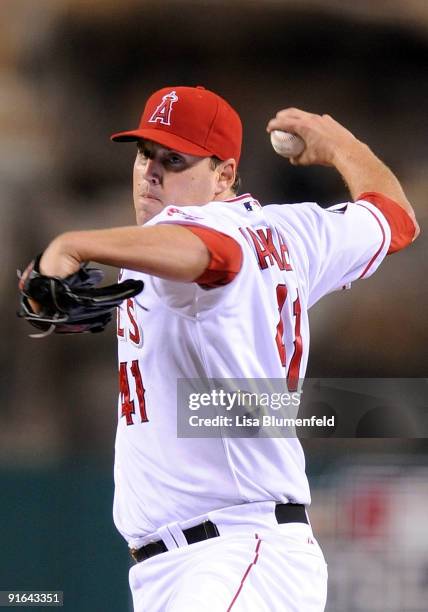 Starting pitcher John Lackey of the Los Angeles Angels of Anaheim delivers a pitch against the Boston Red Sox during Game One of the ALDS during the...