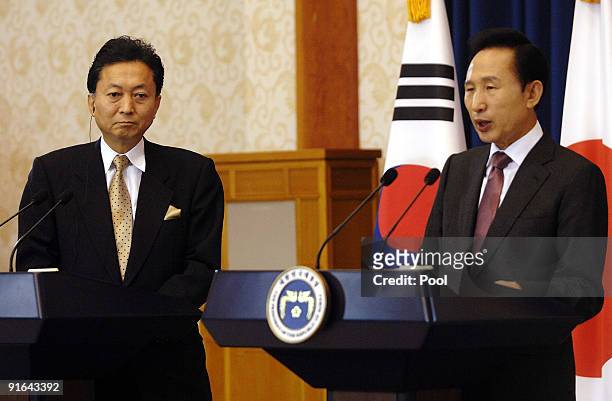 Japanese Prime Minister Yukio Hatoyama and South Korean President Lee Myung-Bak during the joint press conference at the presidential Blue House on...