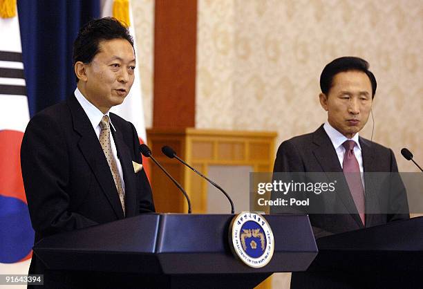 Japanese Prime Minister Yukio Hatoyama and South Korean President Lee Myung-Bak during the joint press conference at the presidential Blue House on...