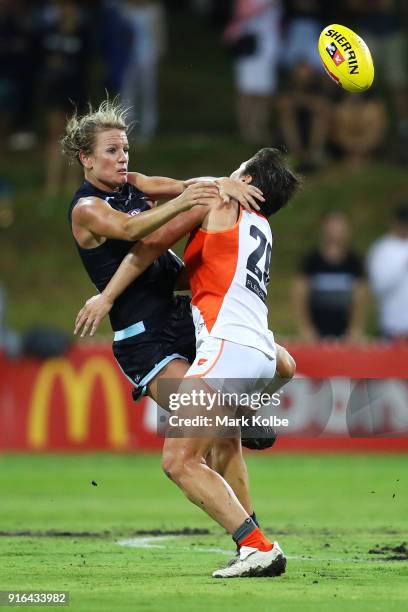 Katie Loynes of the Blues is tackled by Courtney Gum of the Giants during the round 20 AFLW match between the Greater Western Sydney Giants and the...