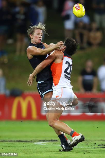 Katie Loynes of the Blues is tackled by Courtney Gum of the Giants during the round 20 AFLW match between the Greater Western Sydney Giants and the...