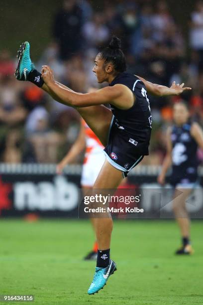 Darcy Vescio of the Blues kicks during the round 20 AFLW match between the Greater Western Sydney Giants and the Carlton Blues at Drummoyne Oval on...