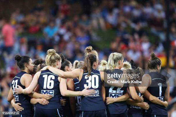The Blues team form a huddle as they prepare for the round 20 AFLW match between the Greater Western Sydney Giants and the Carlton Blues at Drummoyne...