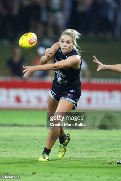Sarah Hosking of the Blues handballs during the round 20 AFLW match between the Greater Western Sydney Giants and the Carlton Blues at Drummoyne Oval...