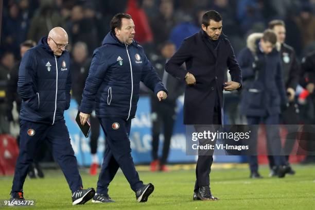 Assistant trainer Jan Wouters of Feyenoord, assistant trainer Jean-Paul van Gastel of Feyenoord, coach Giovanni van Bronckhorst during the Dutch...