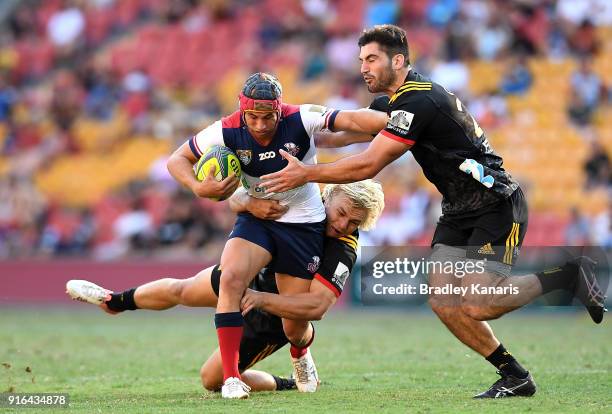 Hamish Stewart of the Reds takes on the defence during the 2018 Global Tens match between the Queensland Reds and the Chiefs at Suncorp Stadium on...