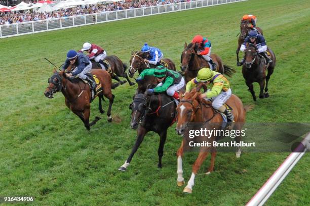 Super Cash ridden by Craig Williams wins the Schweppes Rubiton Stakes at Caulfield Racecourse on February 10, 2018 in Caulfield, Australia.