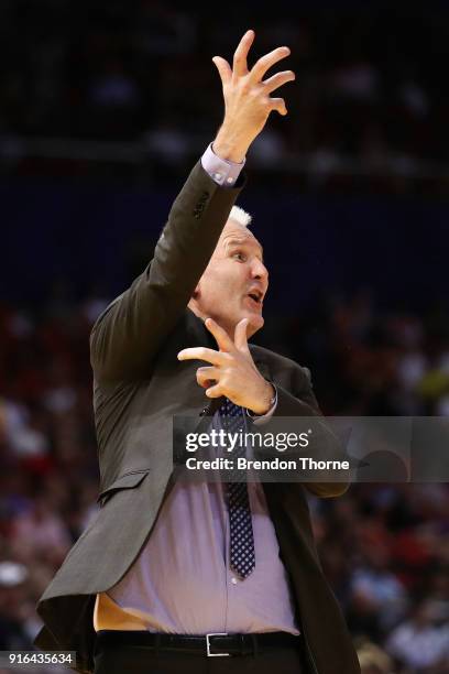 Kings Coach, Andrew Gaze gestures during the round 18 NBL match between the Sydney Kings and the Brisbane Bullets at Qudos Bank Arena on February 10,...