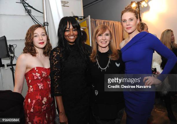 Actress Kayla Carlson, model Nicole Galicia, designer Nicole Miller and actress Christiane Seidel pose backstage for Nicole Miller during New York...