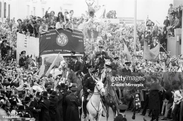 Triumphant Chelsea FC, return home after winning 1971 European Cup Winners' Cup Final Replay 2-1 against Real Madrid in Piraeus, Greece. Pictured...