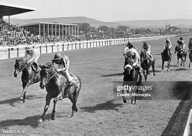 Abercata, ridden by Richard Fox races home to win the Zetland Gold Cup at Redcar from Claudio Nicolai and Town and Country , 30th May 1978.