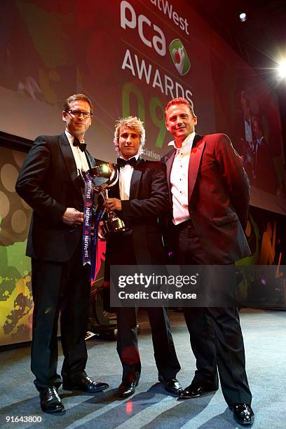 James Taylor receives the NatWest PCA Young Player of the Year 2009 award standing next to Darren Gough during the NatWest PCA Awards Dinner held at...