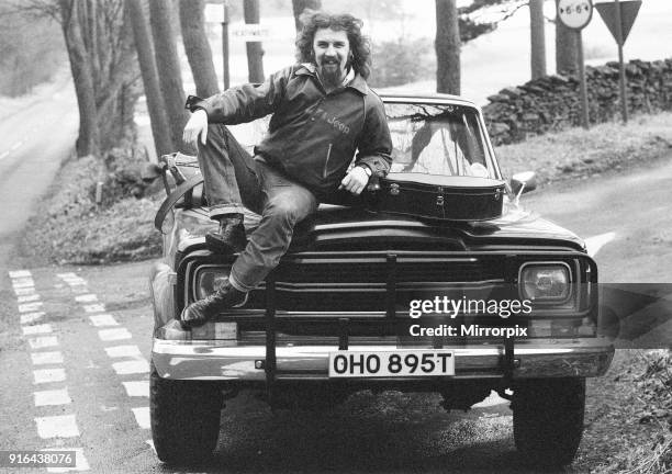 Billy Connolly, traveling in the North West of England, as part of his 64 date Big Wee Tour of Britain, February 1979.