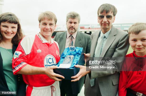 John Hendrie, Middlesbrough Football Player 1990-1996, receves the ICI Player of the Year award from Keith Stockdale, a Billingham works empployee,...
