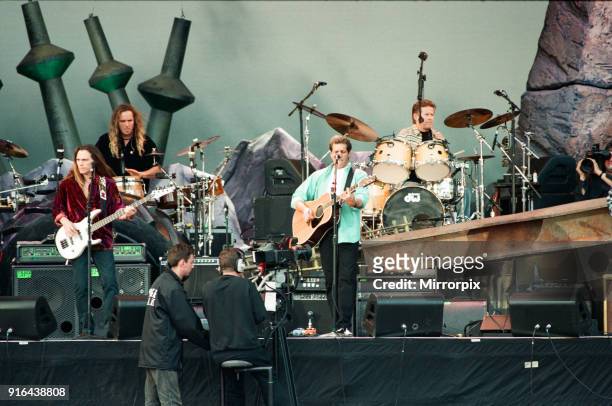 Glenn Frey of The Eagles performing live at the McAlpine Stadium in Huddersfield, 10th July 1996.